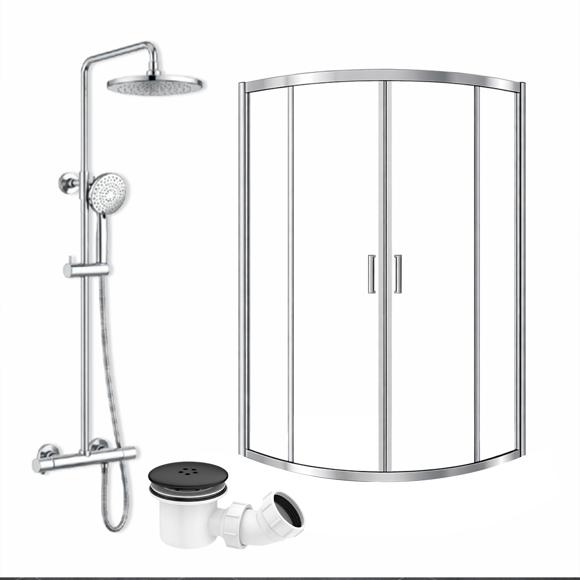 ARKO Round Rainfall Shower System with Handheld Spray & Curved Glass Sliding Shower Enclosure with Waste  - Chrome