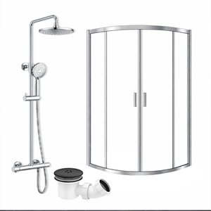 ARKO Round Rainfall Shower System with Handheld Spray & Curved Glass Sliding Shower Enclosure with Waste  - Chrome