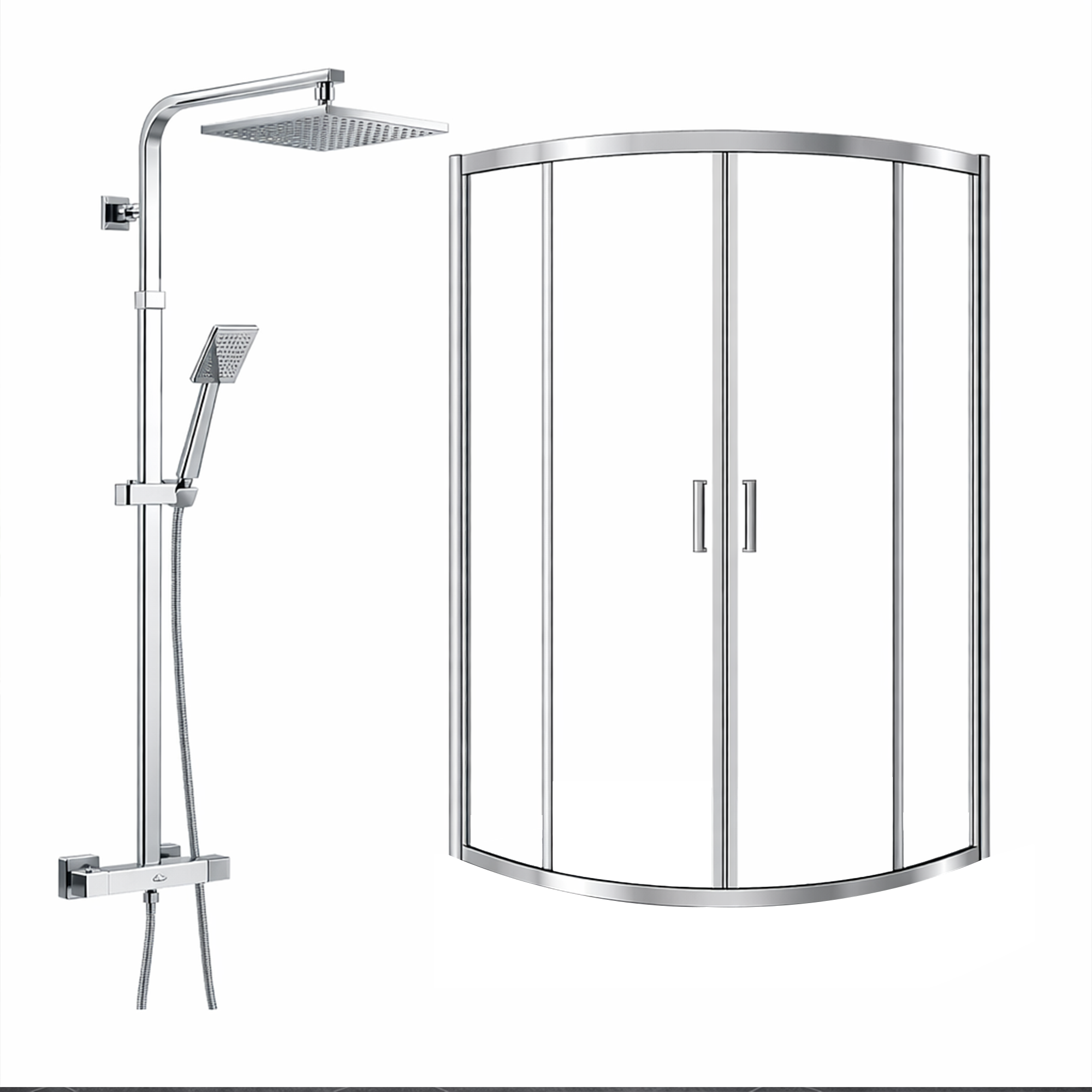 ARKO Square Rainfall Shower System with Handheld Spray & Curved Glass Sliding Shower Enclosure - Chrome