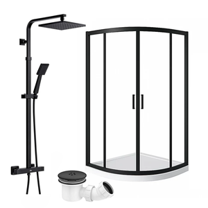 ARKO Square Rainfall Shower System with Handheld Spray & Curved Glass Sliding Shower Enclosure with Tray & Waste - Black