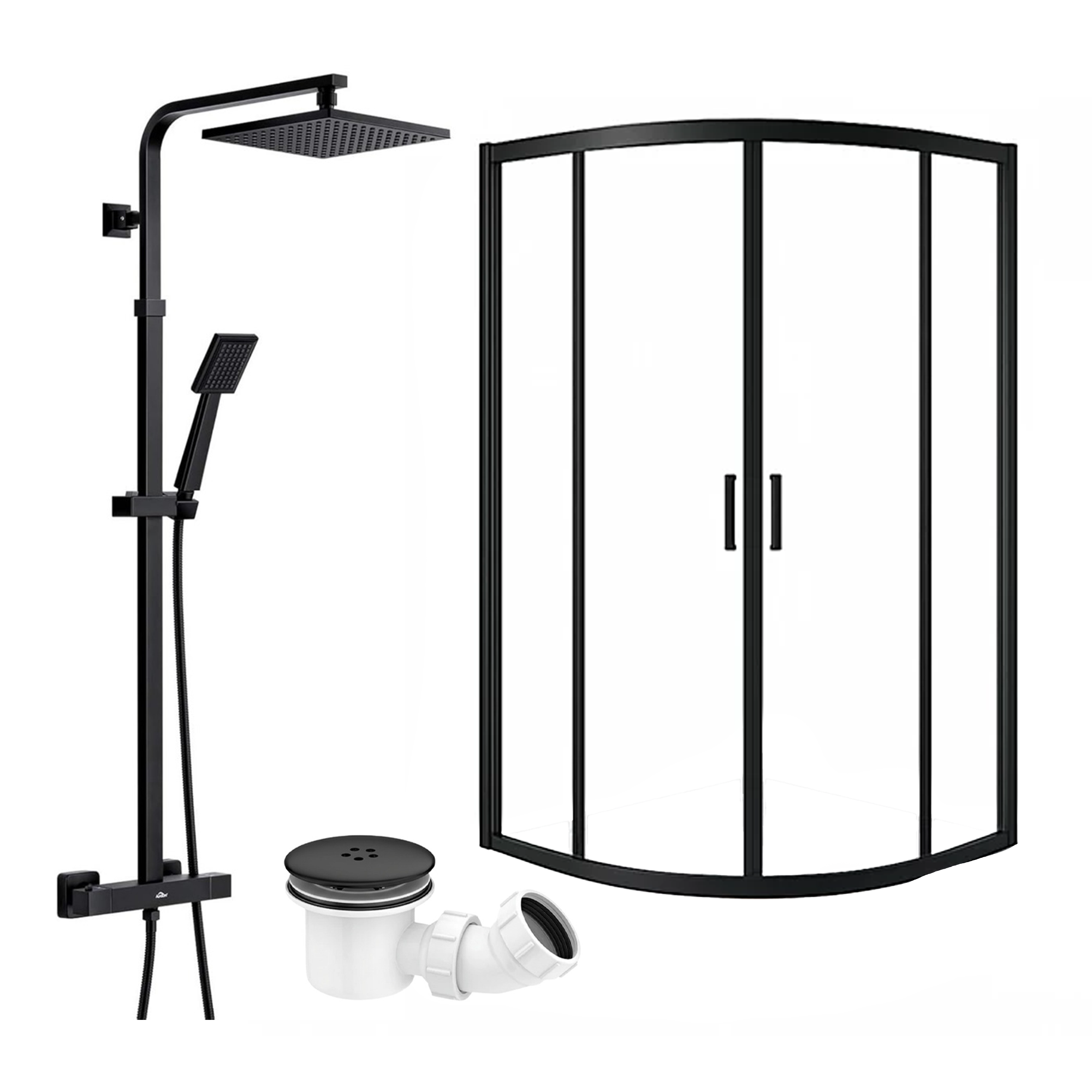 ARKO Square Rainfall Shower System with Handheld Spray & Curved Glass Sliding Shower Enclosure with Waste  - Matte Black