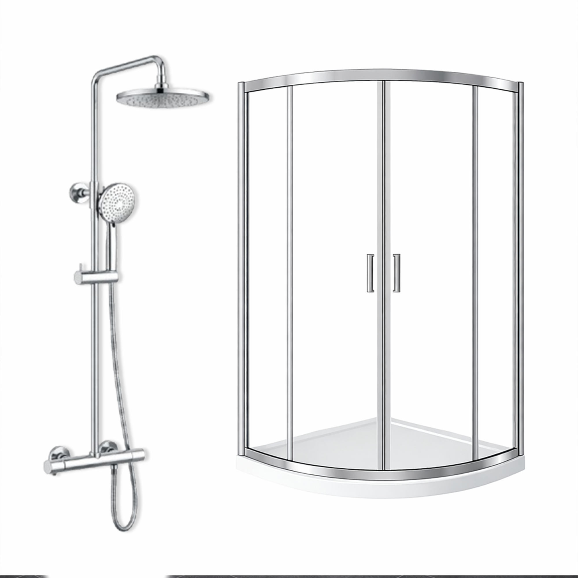 ARKO Round Rainfall Shower System with Handheld Spray & Curved Glass Sliding Shower Enclosure with Tray  - Chrome