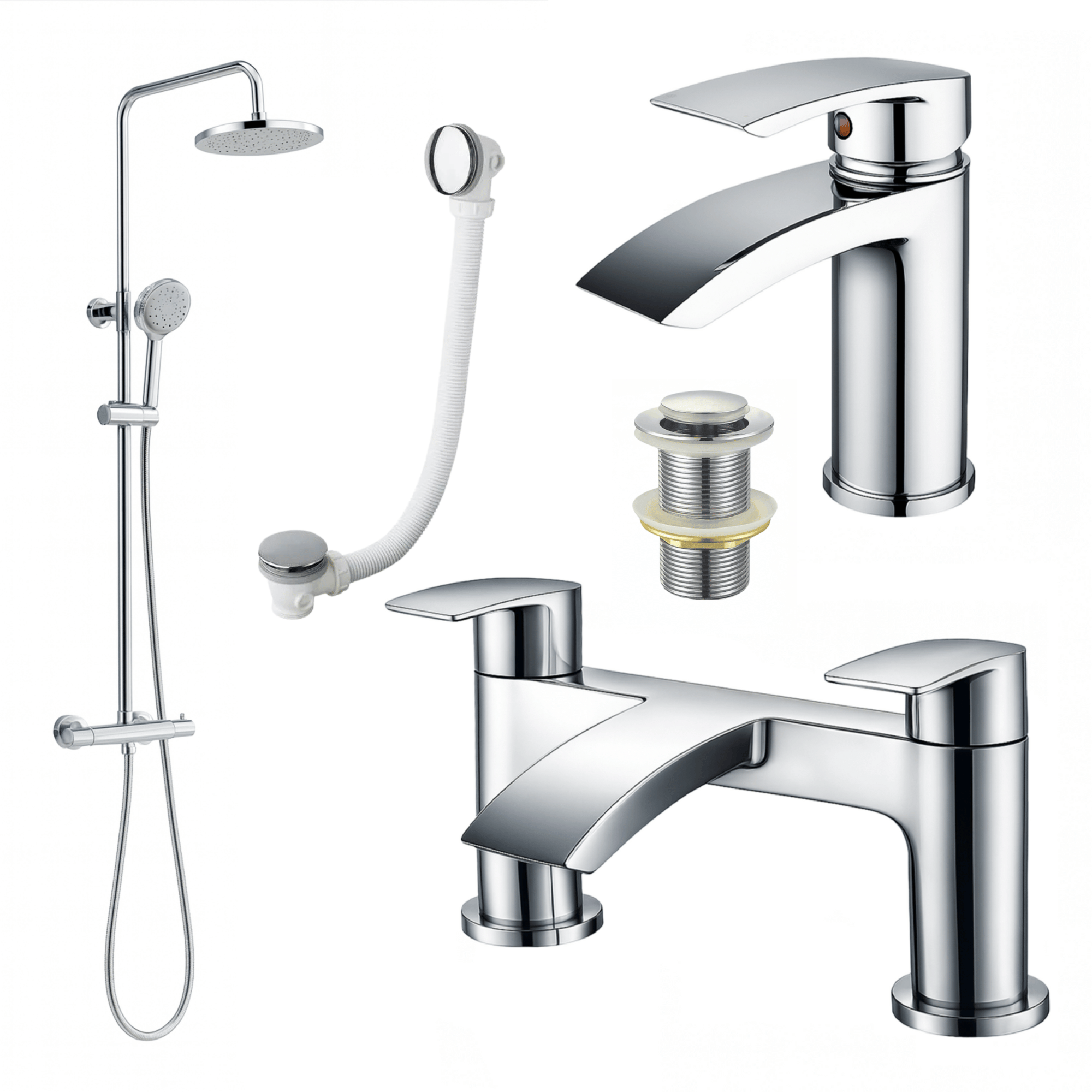 ARKO Capri Basin Mixer Tap, Bath Filler & Thermostatic Mixer Shower Set with Bath Waste – Chrome