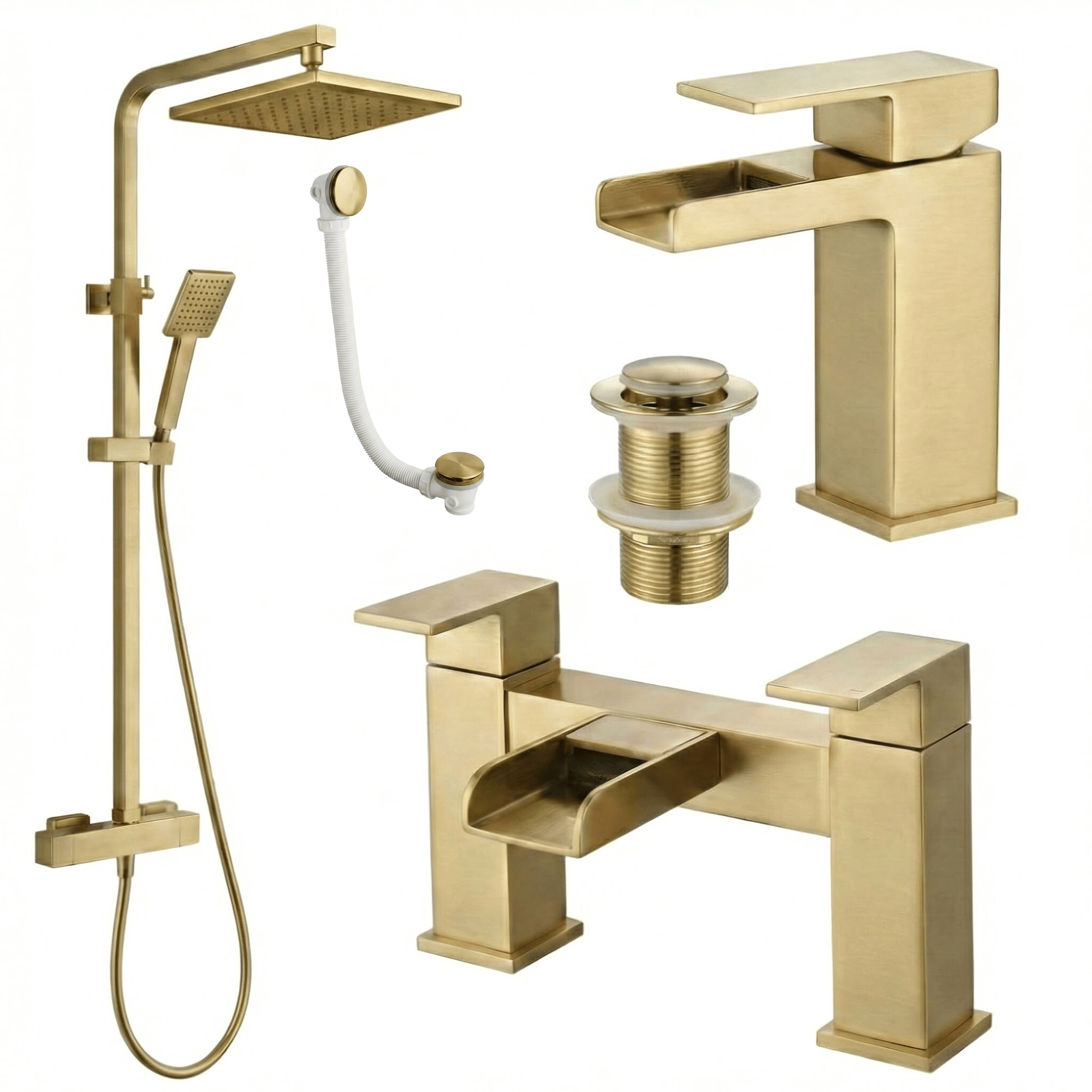 ARKO Waterfall Basin Mixer Tap, Bath Filler & Thermostatic Mixer Shower Set with Bath Waste – Brass