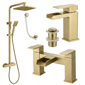 ARKO Waterfall Basin Mixer Tap, Bath Filler & Thermostatic Mixer Shower Set with Bath Waste – Brass