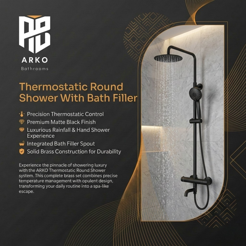 Arko Modern Round Thermostatic Shower with Filler – Matt Black