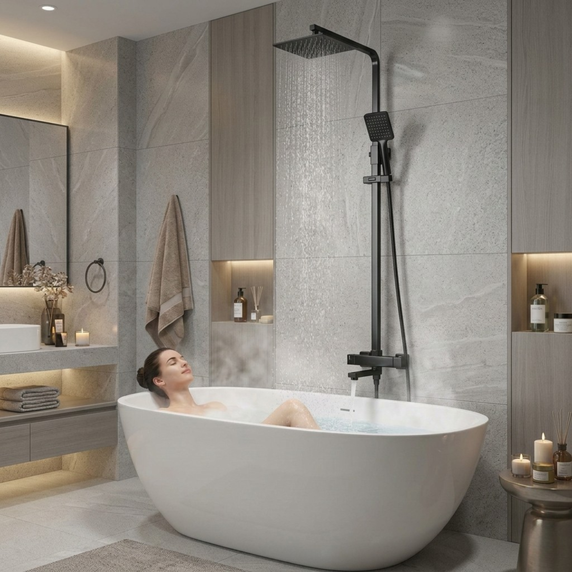 Arko Modern Square Thermostatic Shower  with Filler – Matte Black