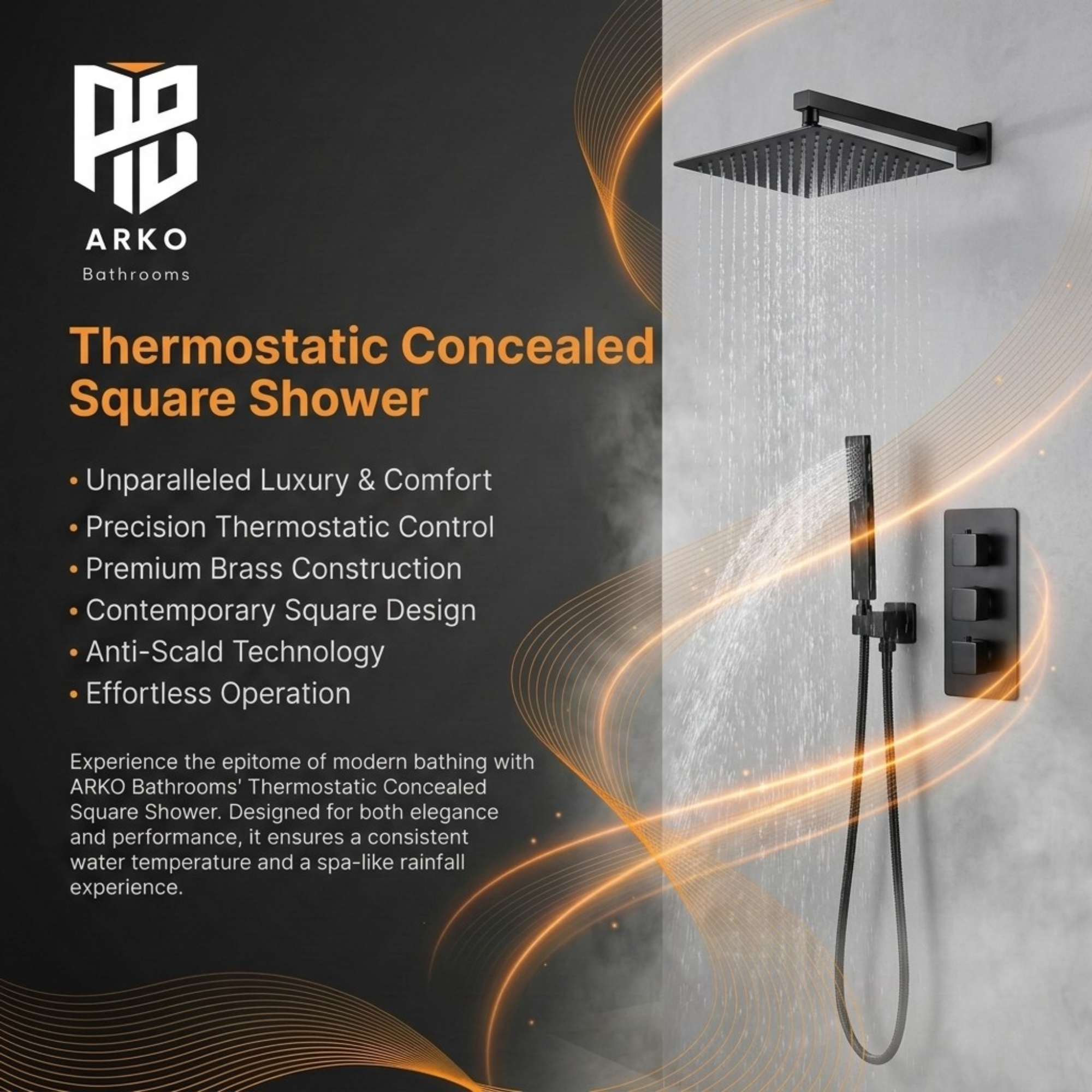 Square Concealed Thermostatic Shower System with Overhead & Handheld Options - Matt Black