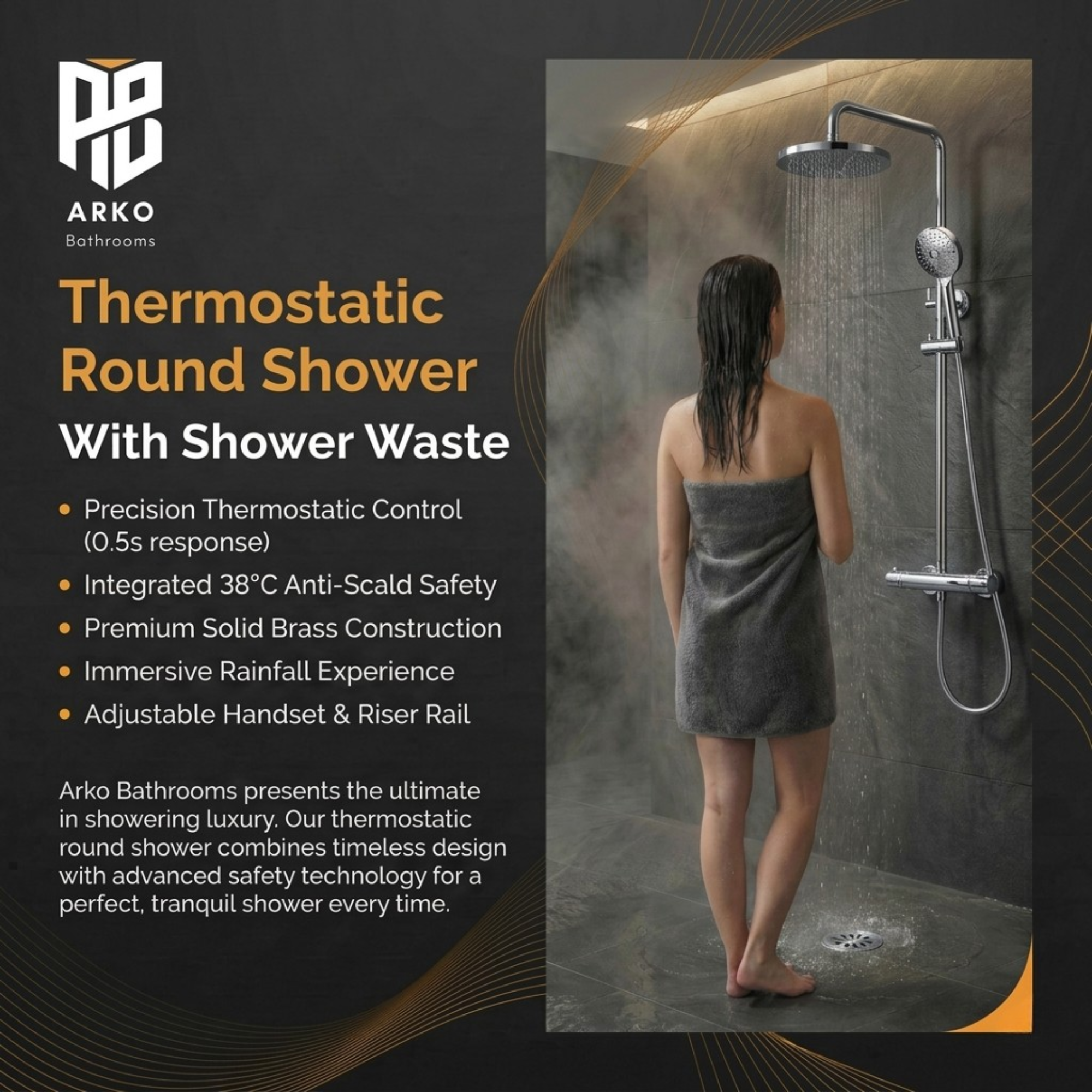 ARKO Bathroom Round Thermostatic Mixer Shower with Riser Rail, Shower Waste & Twin head - Chrome