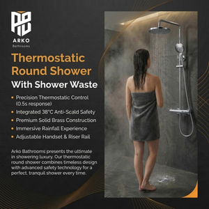 ARKO Bathroom Round Thermostatic Mixer Shower with Riser Rail, Shower Waste & Twin head - Chrome