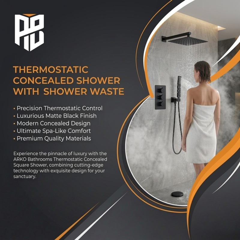 ARKO Square Concealed Thermostatic Shower Mixer 2 Dial Twin Head with Valve, Handset & Shower Waste – Black