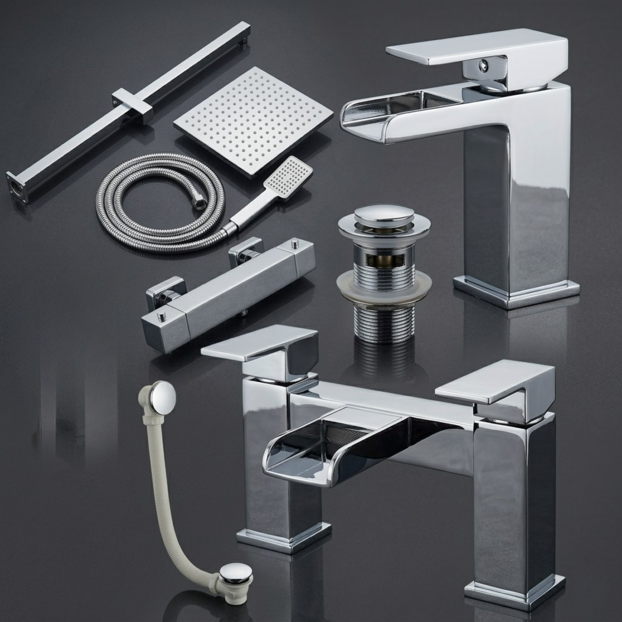 ARKO Waterfall Basin Mixer Tap, Bath Filler & Thermostatic Mixer Shower Set with Bath Waste – Chrome