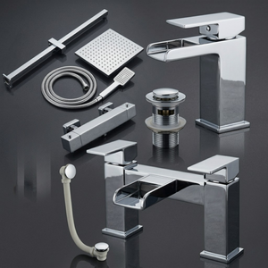ARKO Waterfall Basin Mixer Tap, Bath Filler & Thermostatic Mixer Shower Set with Bath Waste – Chrome