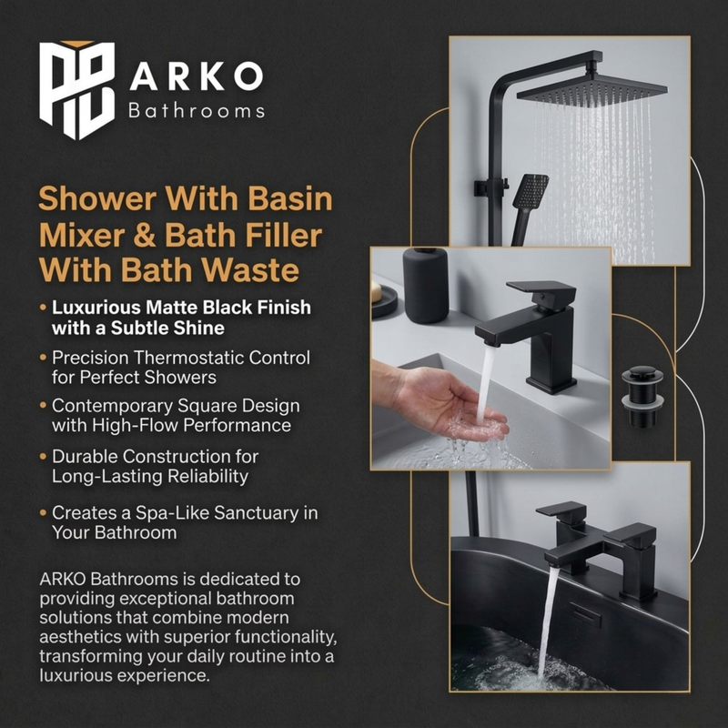 ARKO Verda Basin Mixer Tap, Bath Filler & Thermostatic Mixer Shower Set with Bath Waste – Black