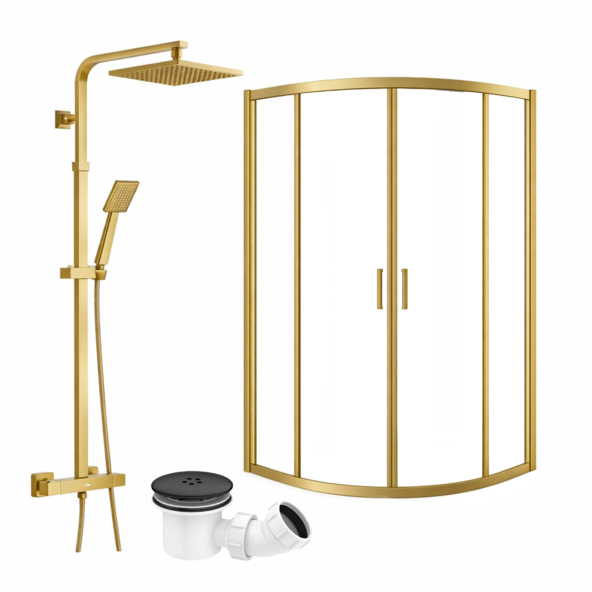 ARKO Square Rainfall Shower System with Handheld Spray & Curved Glass Sliding Shower Enclosure with Waste - Brass
