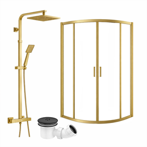 ARKO Square Rainfall Shower System with Handheld Spray & Curved Glass Sliding Shower Enclosure with Waste - Brass