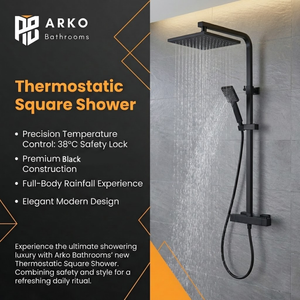 Arko Modern Square Thermostatic Shower – Matt Black