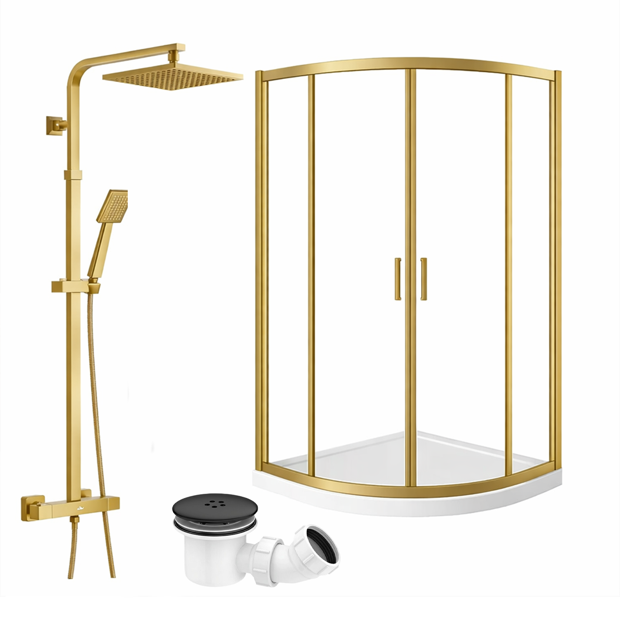 ARKO Square Rainfall Shower System with Handheld Spray & Curved Glass Sliding Shower Enclosure with Tray & Waste - Brass