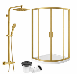ARKO Square Rainfall Shower System with Handheld Spray & Curved Glass Sliding Shower Enclosure with Tray & Waste - Brass