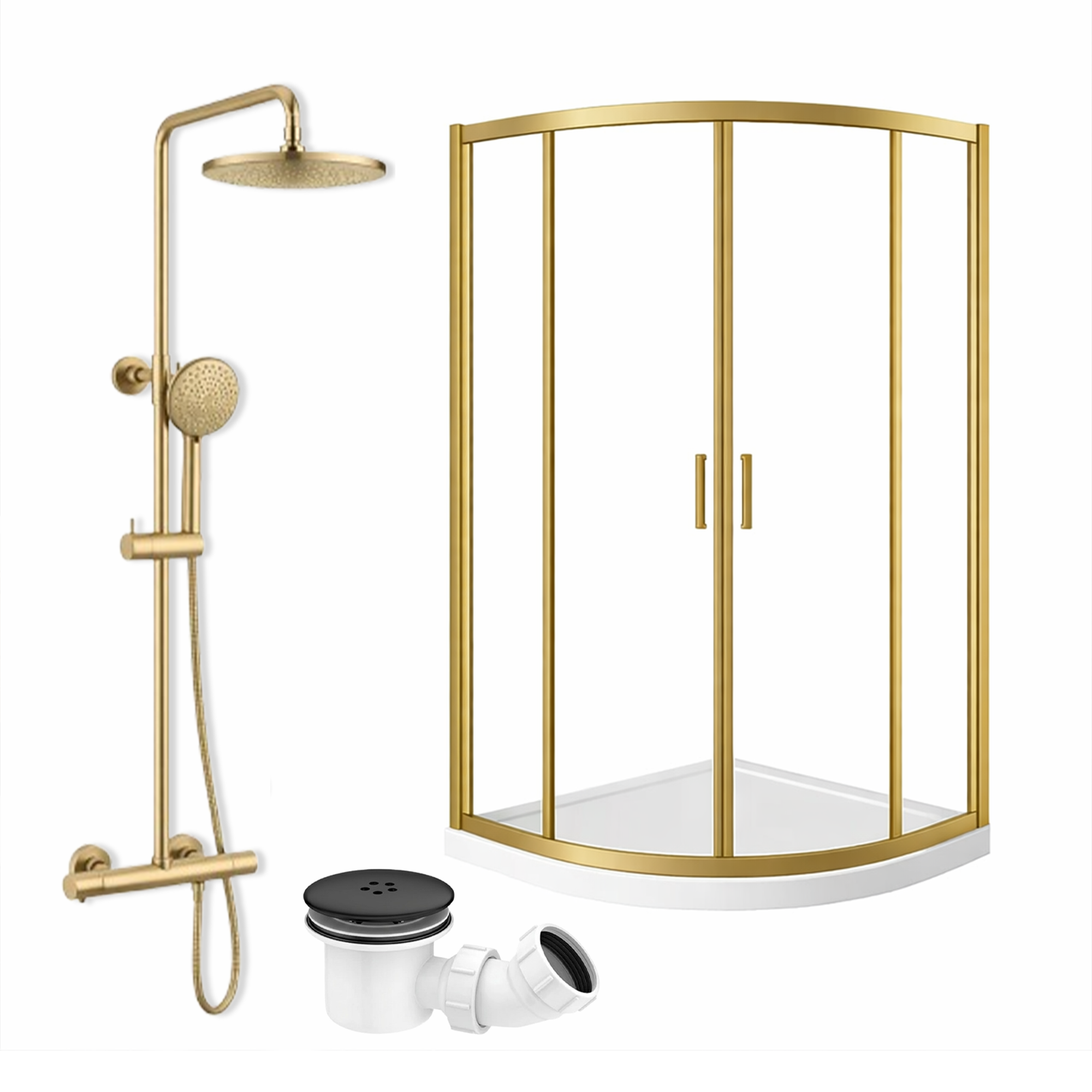 ARKO Round Rainfall Shower System with Handheld Spray & Curved Glass Sliding Shower Enclosure with Tray & Waste - Brass