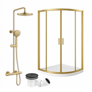 ARKO Round Rainfall Shower System with Handheld Spray & Curved Glass Sliding Shower Enclosure with Tray & Waste - Brass