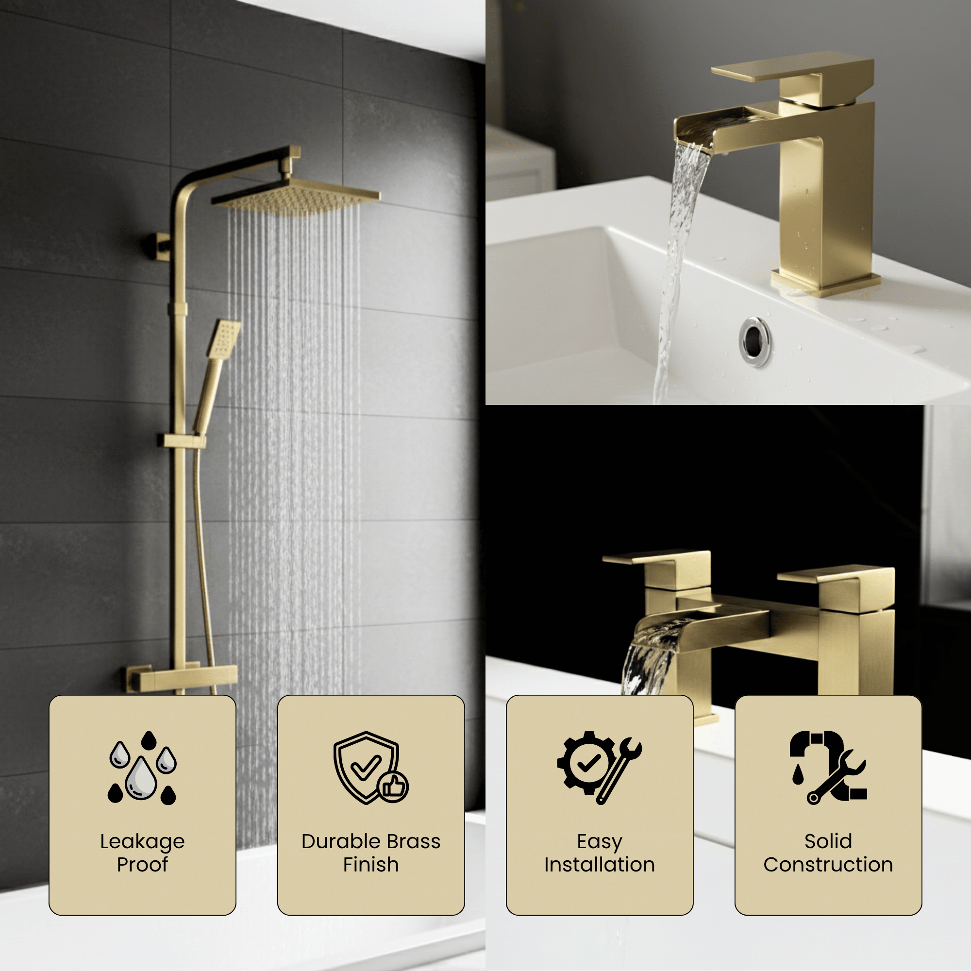 ARKO Waterfall Basin Mixer Tap, Bath Filler & Thermostatic Mixer Shower Set with Bath Waste – Brass