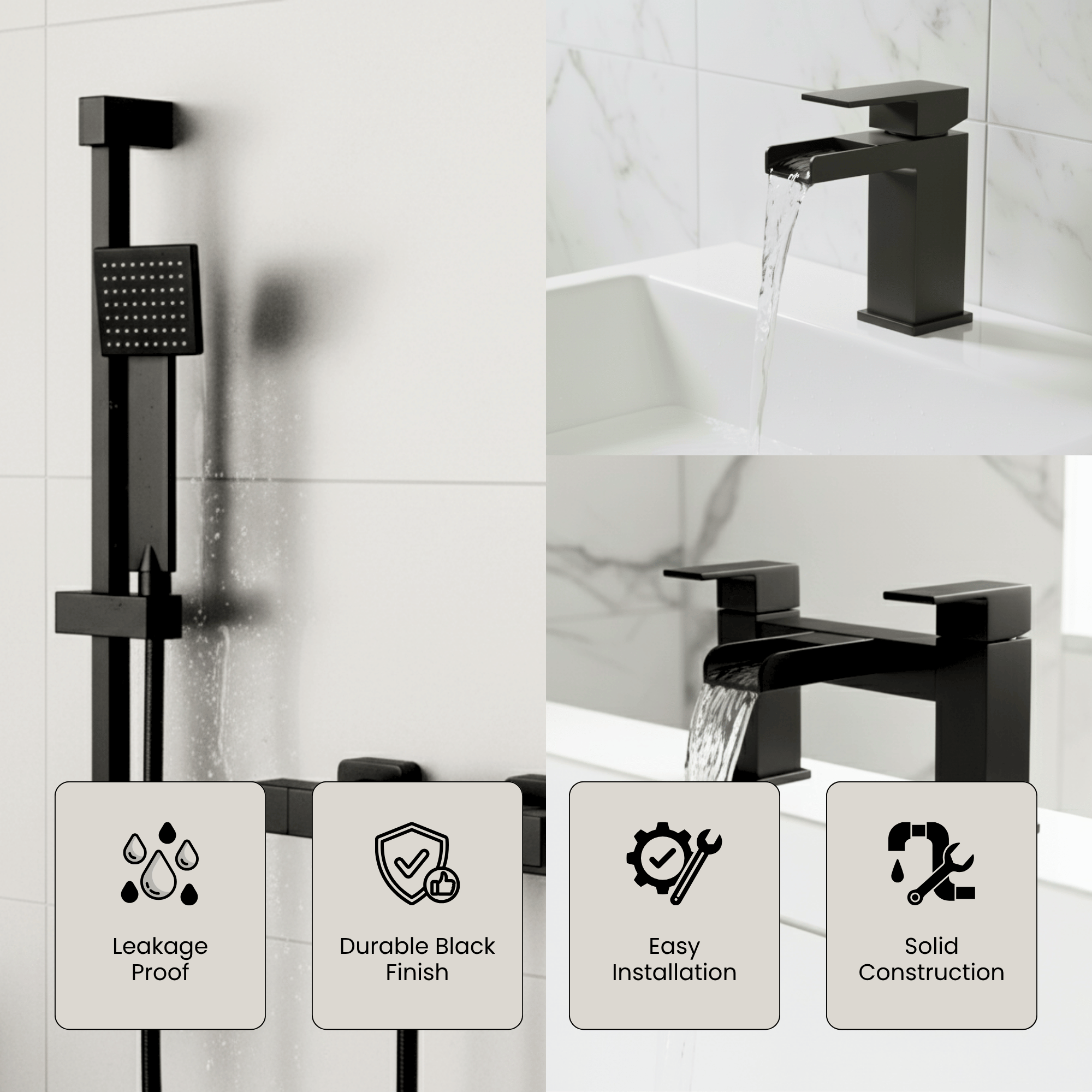 ARKO Waterfall Basin Mixer Tap, Bath Filler & Handheld Shower Set with Bath Waste – Black