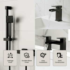 ARKO Waterfall Basin Mixer Tap, Bath Filler & Handheld Shower Set with Bath Waste – Black