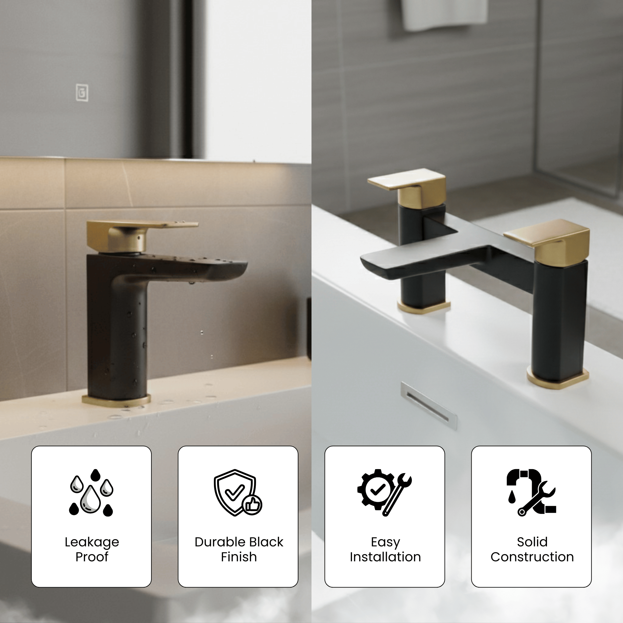 ARKO Bath and Basin Tap Set Waterfall Mixer Taps with Pop-Up Waste – Black & Brass