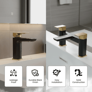 ARKO Bath and Basin Tap Set Waterfall Mixer Taps with Pop-Up Waste – Black & Brass