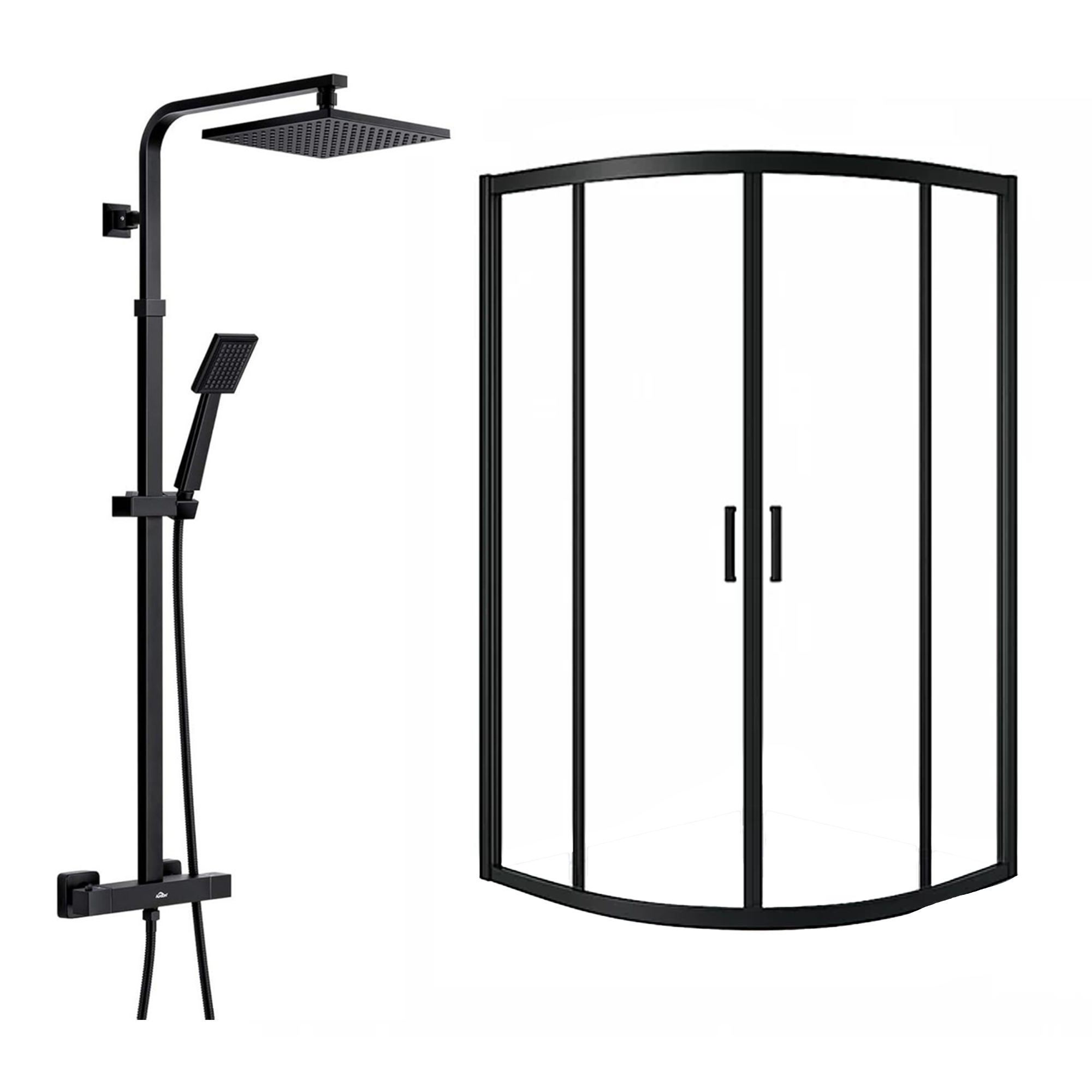 ARKO Square Rainfall Shower System with Handheld Spray & Curved Glass Sliding Shower Enclosure - Matte Black