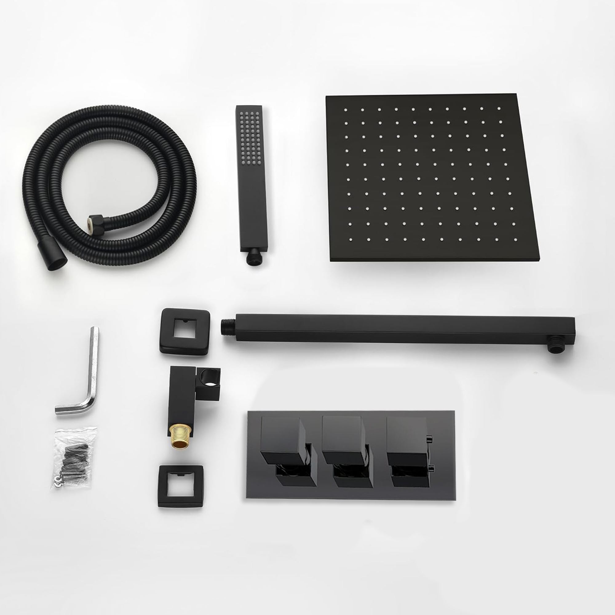 ARKO Square Concealed Thermostatic Shower Mixer 2 Dial Twin Head with Valve, Handset & Shower Waste – Black