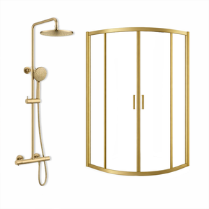 ARKO Round Rainfall Shower System with Handheld Spray & Curved Glass Sliding Shower Enclosure - Brass