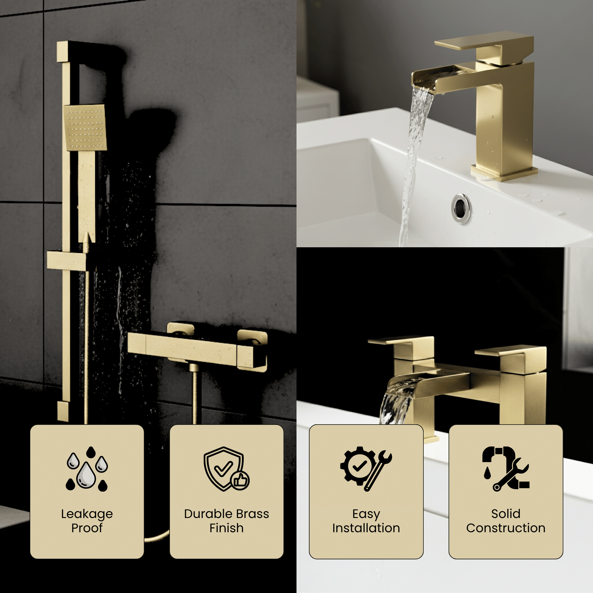 ARKO Waterfall Basin Mixer Tap, Bath Filler & Handheld Shower Set with Bath Waste – Brass