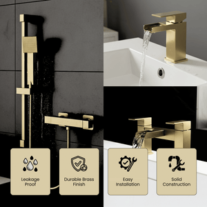 ARKO Waterfall Basin Mixer Tap, Bath Filler & Handheld Shower Set with Bath Waste – Brass