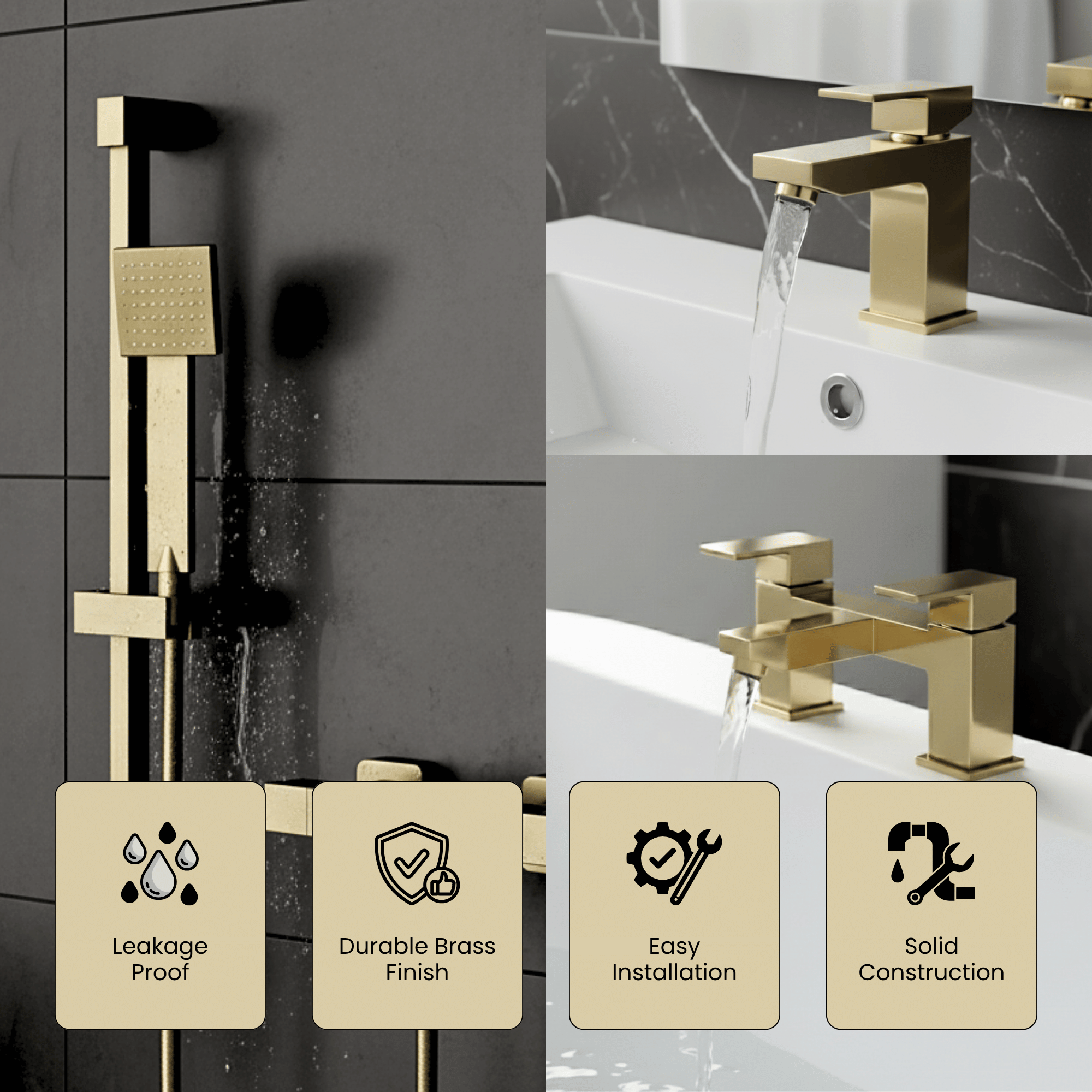 ARKO Verda Basin Mixer Tap, Bath Filler & Handheld Shower Set with Bath Waste – Brass