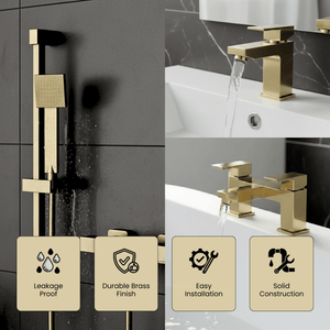 ARKO Verda Basin Mixer Tap, Bath Filler & Handheld Shower Set with Bath Waste – Brass