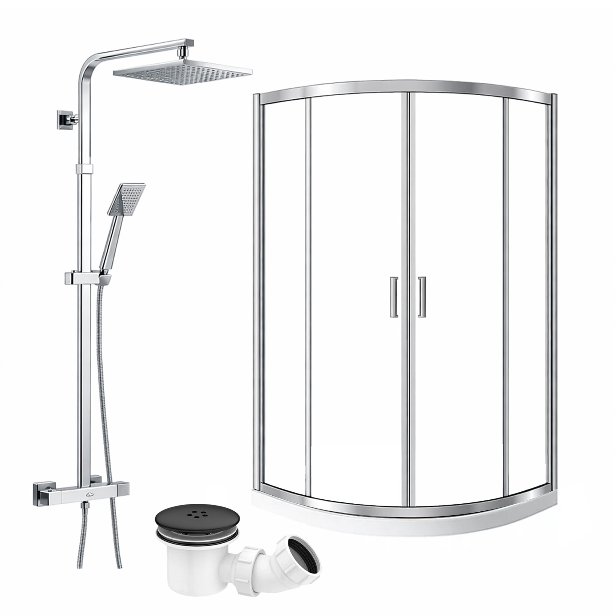 ARKO Square Rainfall Shower System with Handheld Spray & Curved Glass Sliding Shower Enclosure with Tray & Waste - Chrome