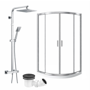 ARKO Square Rainfall Shower System with Handheld Spray & Curved Glass Sliding Shower Enclosure with Tray & Waste - Chrome