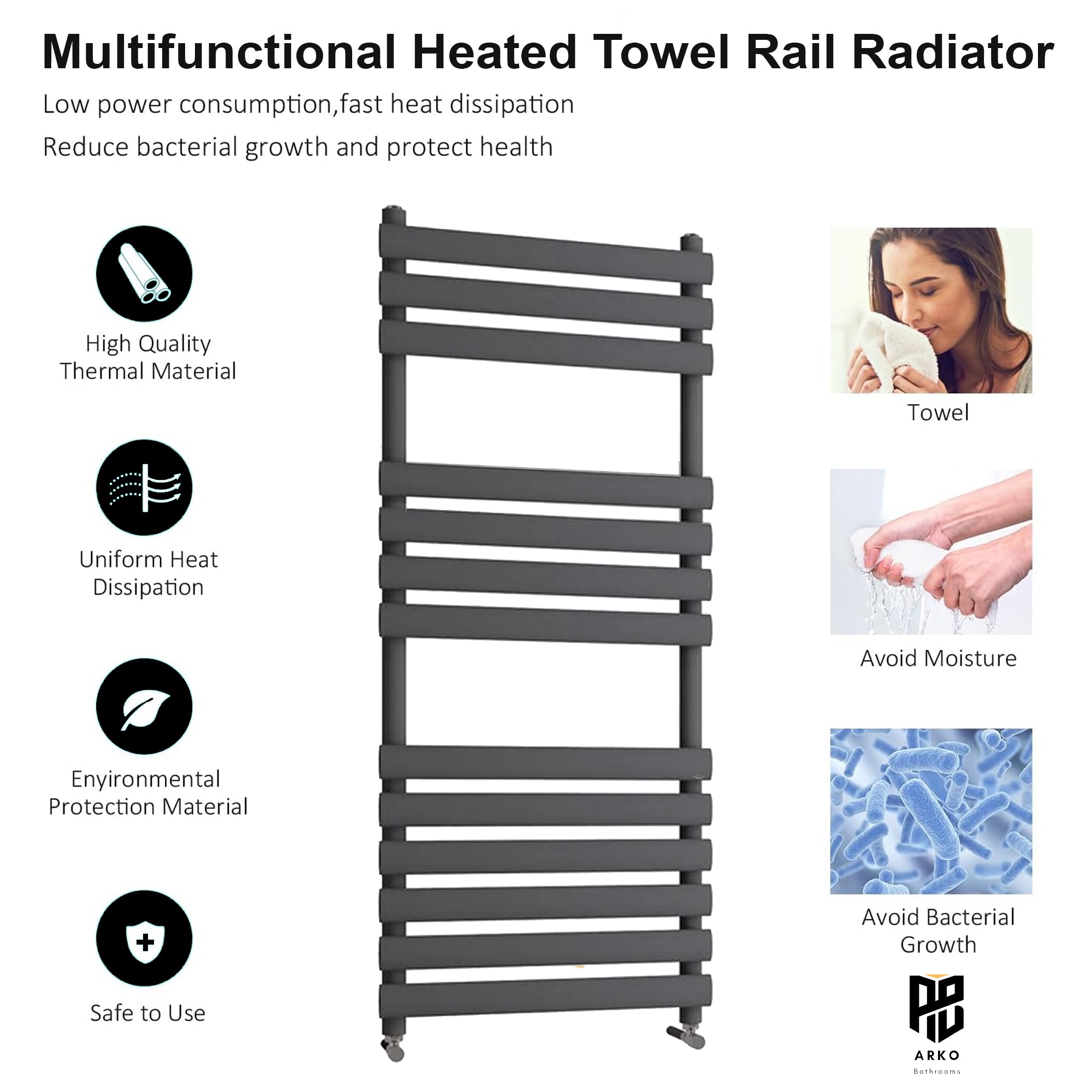 Arko Heated Towel Rail – Matt Black – 500 x 1200mm – Straight Bars