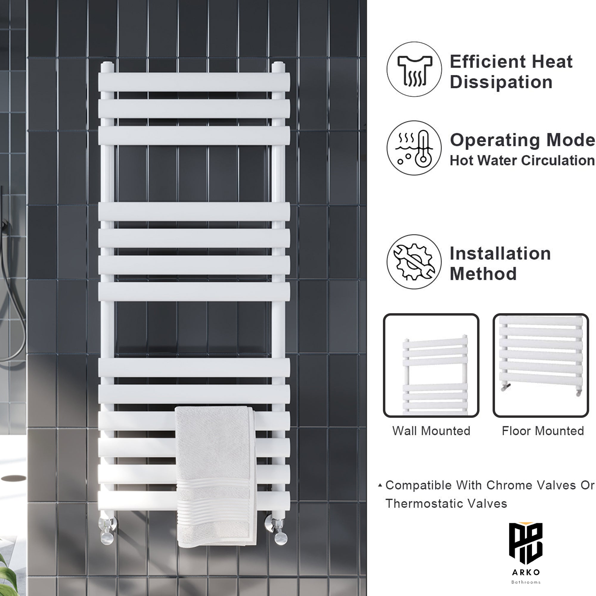 Arko Heated Towel Rail – White – 500 x 1200mm – Straight Bars