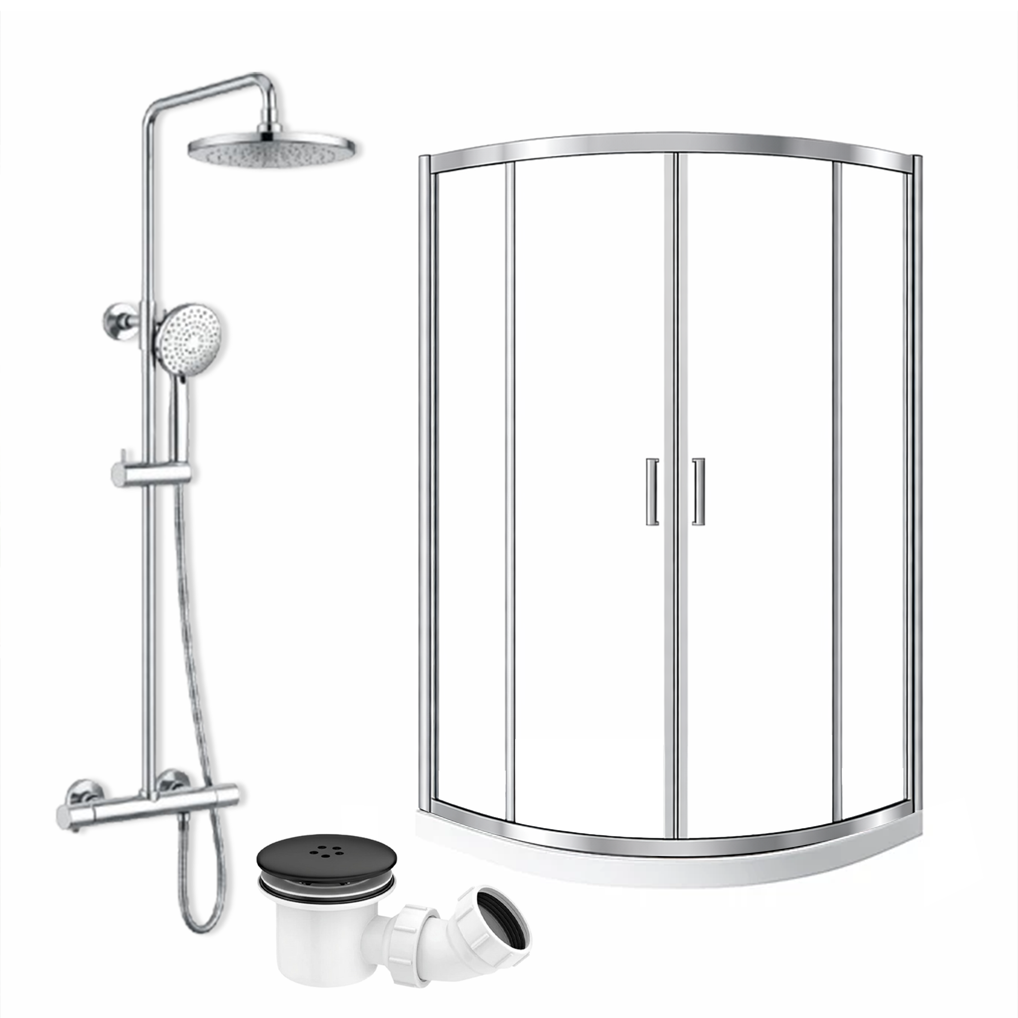 ARKO Round Rainfall Shower System with Handheld Spray & Curved Glass Sliding Shower Enclosure with Tray & Waste - Chrome