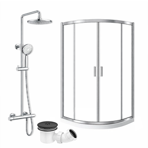 ARKO Round Rainfall Shower System with Handheld Spray & Curved Glass Sliding Shower Enclosure with Tray & Waste - Chrome