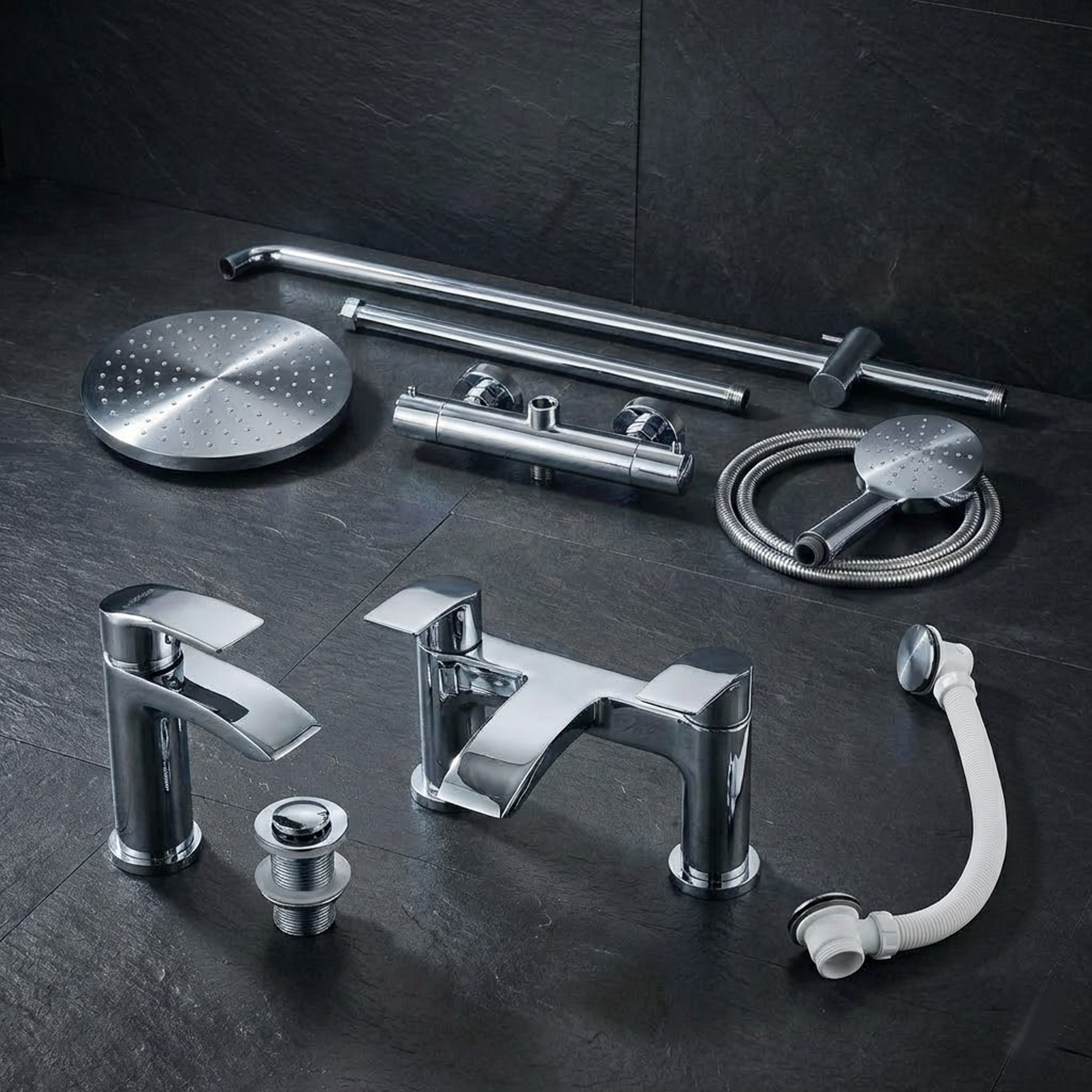 ARKO Capri Basin Mixer Tap, Bath Filler & Thermostatic Mixer Shower Set with Bath Waste – Chrome