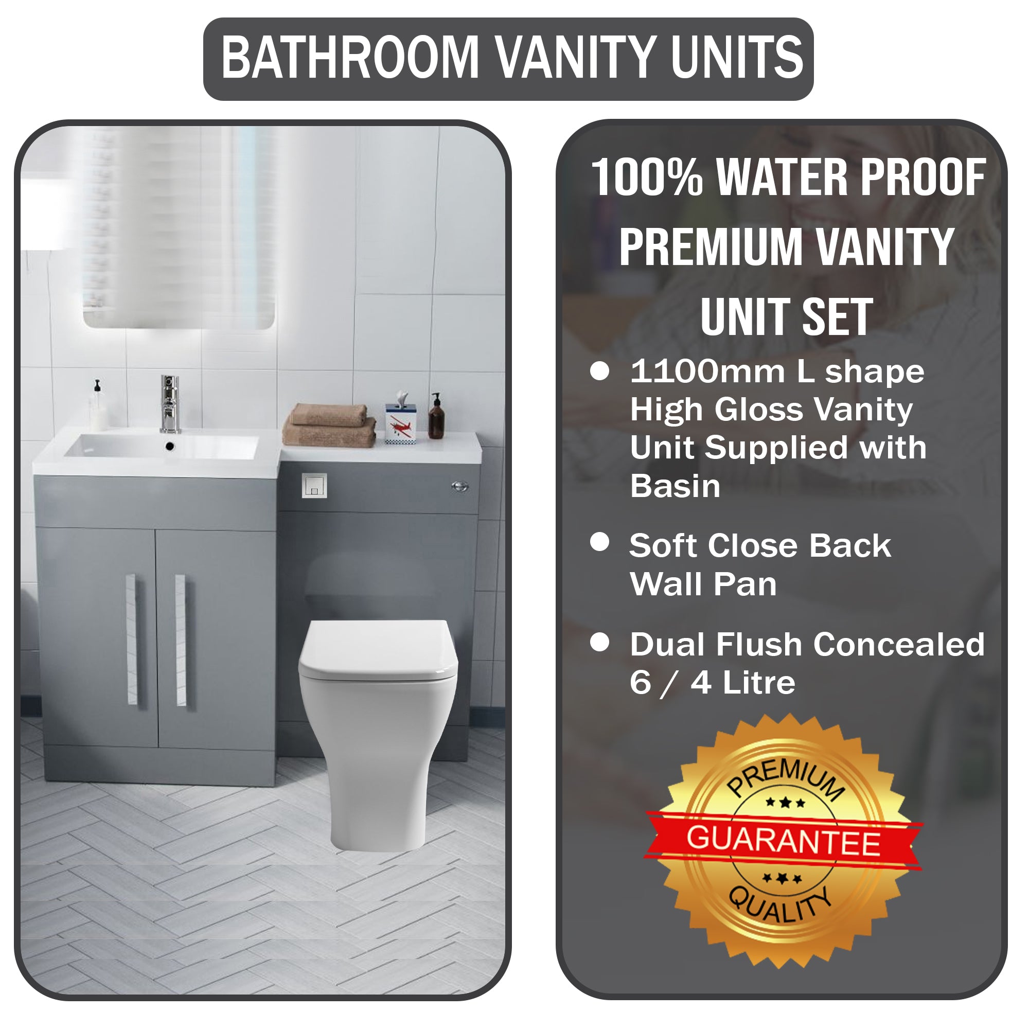 Arko Tana 1100mm Bathroom Vanity Unit Set Basin Sink Toilet WC Right Hand Furniture Storage - Grey