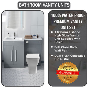 Arko Tana 1100mm Bathroom Vanity Unit Set Basin Sink Toilet WC Right Hand Furniture Storage - Grey