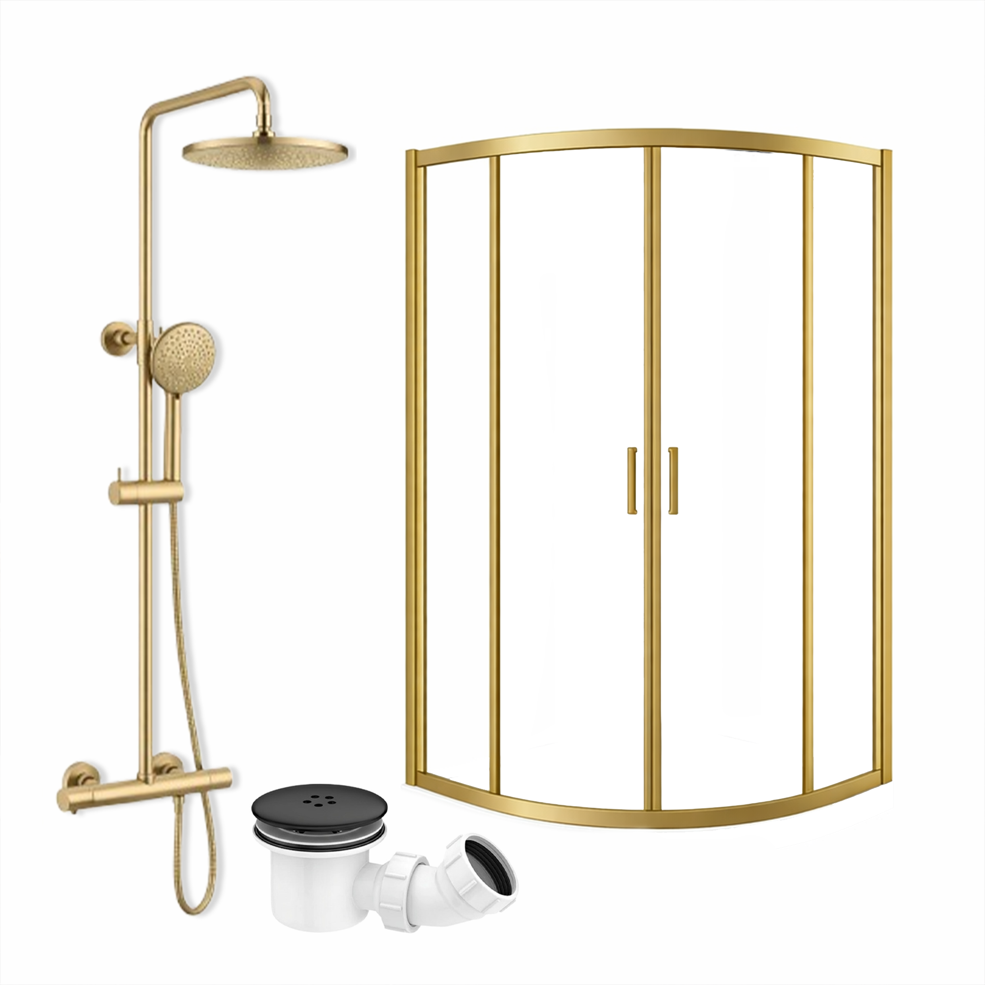 ARKO Round Rainfall Shower System with Handheld Spray & Curved Glass Sliding Shower Enclosure with Waste - Brass