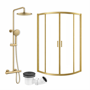 ARKO Round Rainfall Shower System with Handheld Spray & Curved Glass Sliding Shower Enclosure with Waste - Brass