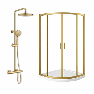 ARKO Round Rainfall Shower System with Handheld Spray & Curved Glass Sliding Shower Enclosure with Tray - Brass