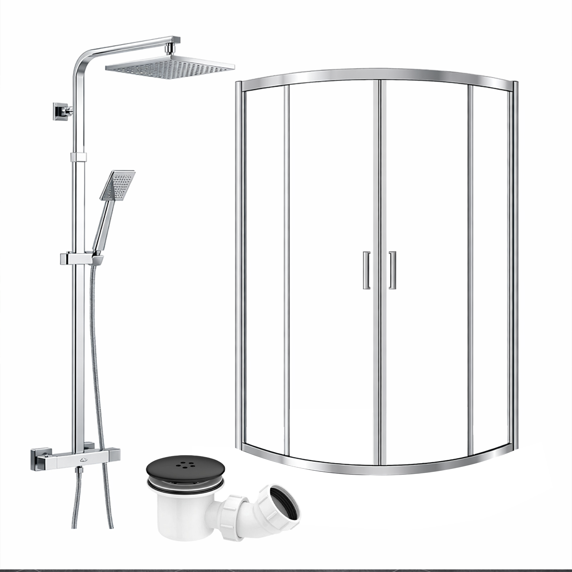ARKO Square Rainfall Shower System with Handheld Spray & Curved Glass Sliding Shower Enclosure with Waste  - Chrome